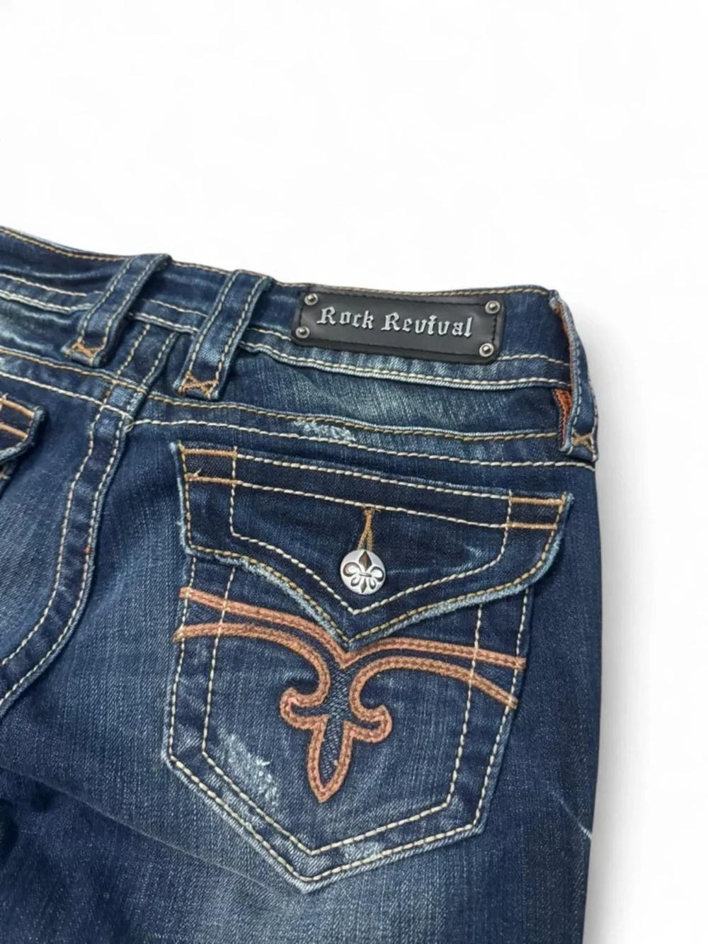Rock revival Y2K embroidered bootcut flare dark wash jeans fleur-de-lis 30 women - Picture 2 of 7